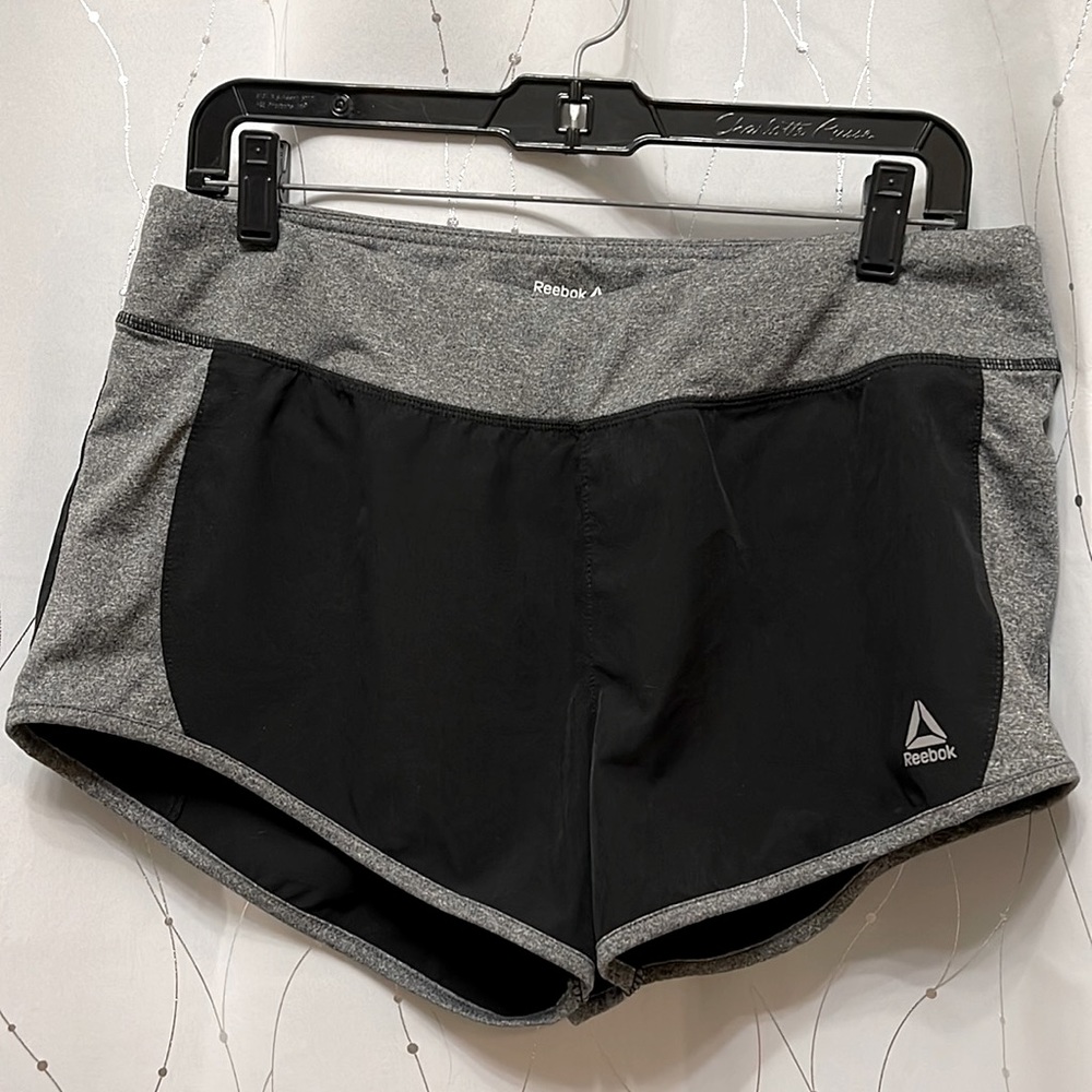 EUC Reebok | semi-fitted gray and black running shorts, wide fitted waistband